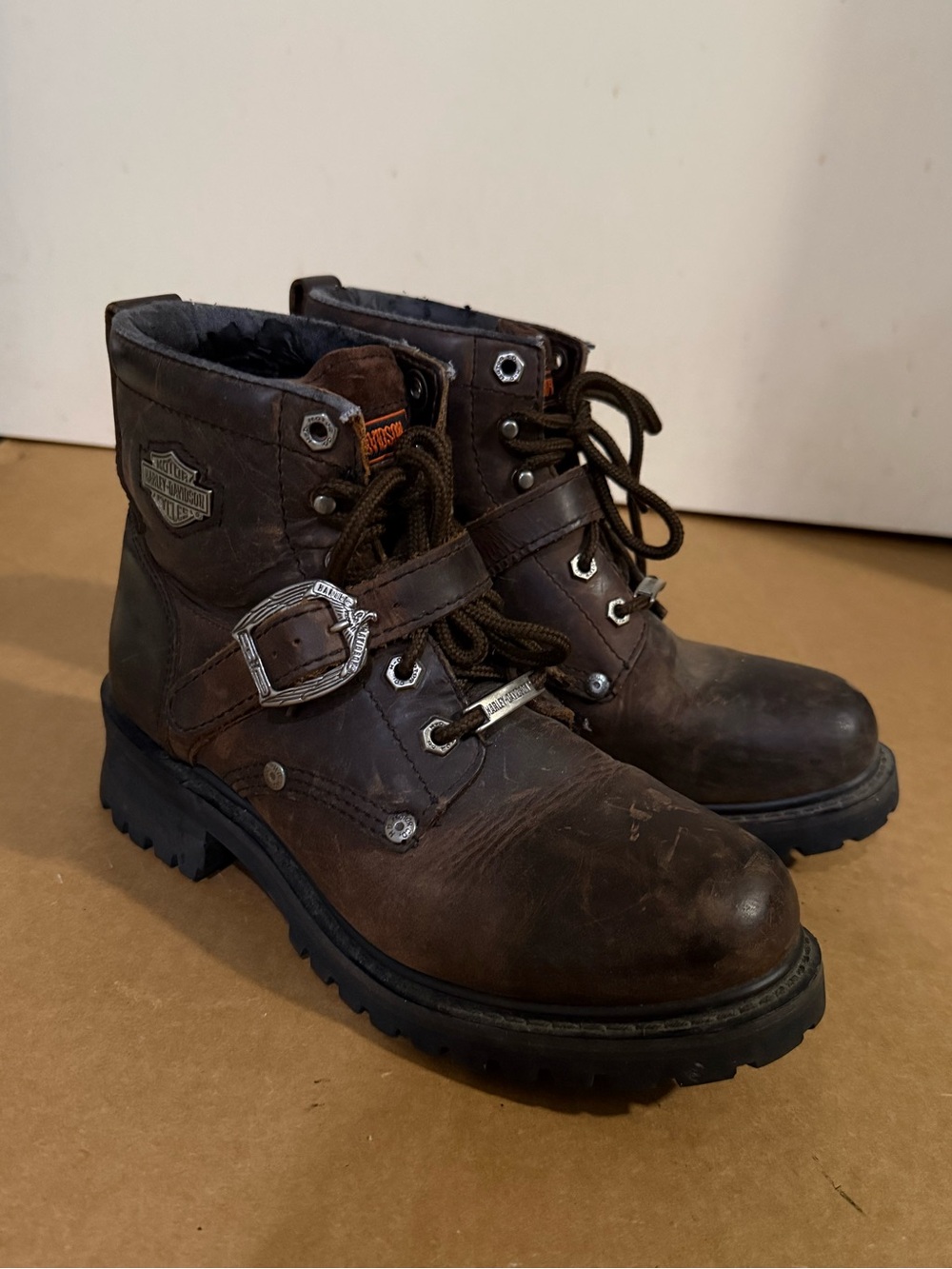 Harley-Davidson Dark Brown Leather Lace-Up Buckle Boots